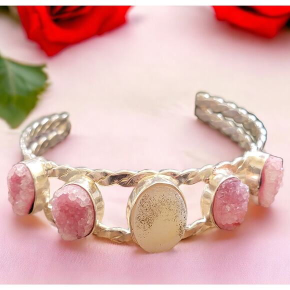 Rose Quartz Sterling Cuff, Twisted Silver Band, Elegant Accessory - Picture 1 of 10